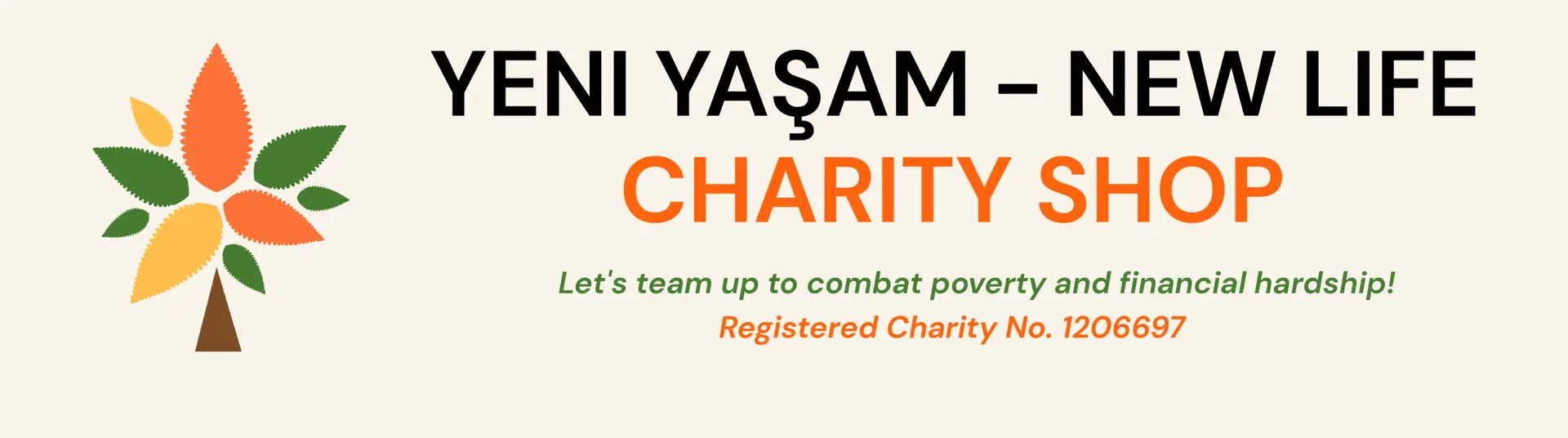 Logo of Yeni Yaşam – New Life Charity Shop, showing a colorful tree symbol and the charity name.